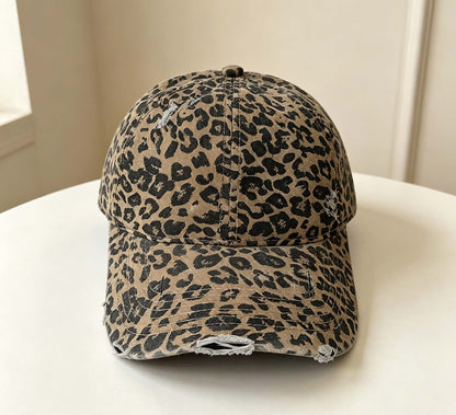 Washed Leopard Print Baseball Cap, Vintage Distressed Sun Hat