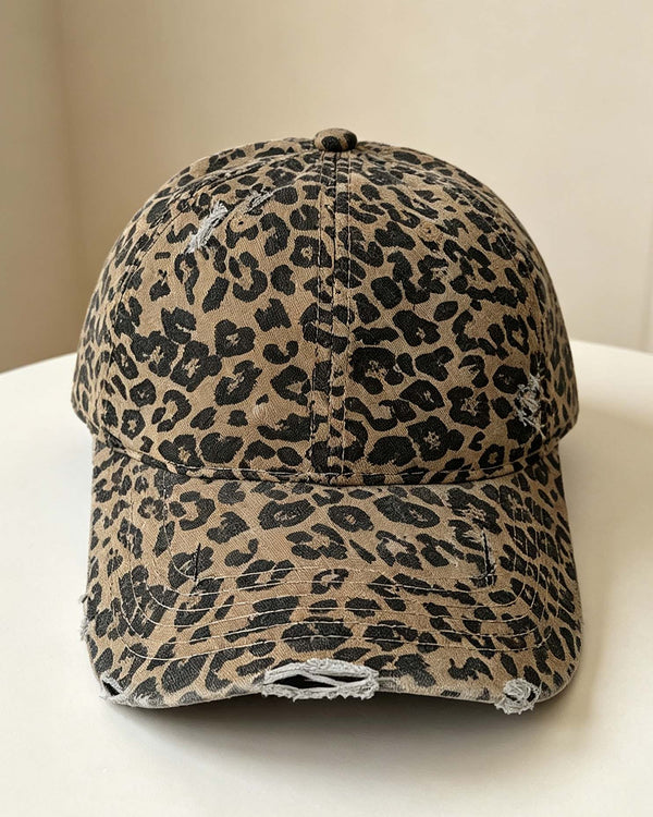 Washed Leopard Print Baseball Cap, Vintage Distressed Sun Hat