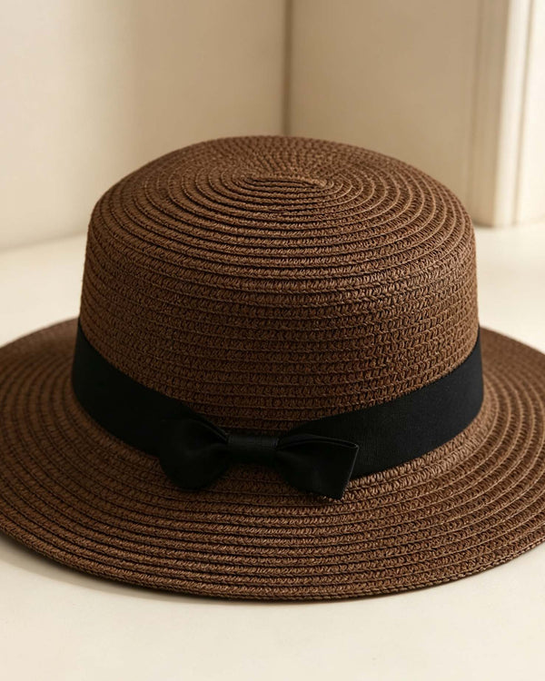 Dark Brown Woven Flat Top Hat With Black Bow, Summer Outdoor Sun Hat