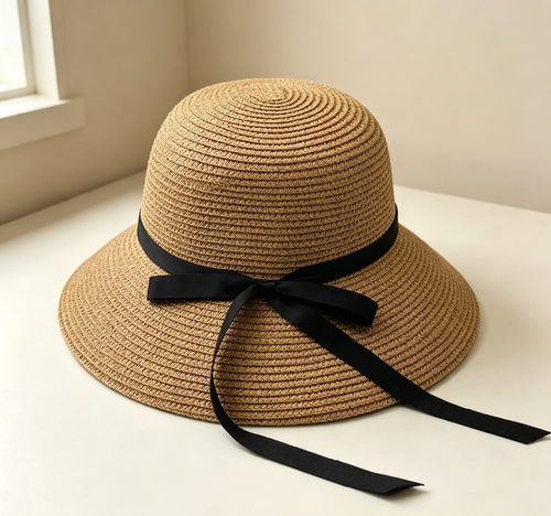 Foldable Woven Bucket Hat With Bow, Summer Beach Sun Protection Hat