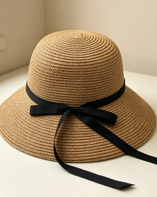 Foldable Woven Bucket Hat With Bow, Summer Beach Sun Protection Hat