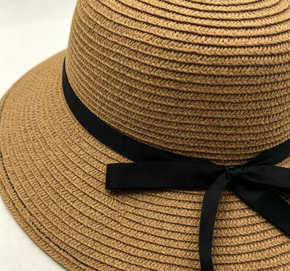 Foldable Woven Bucket Hat With Bow, Summer Beach Sun Protection Hat